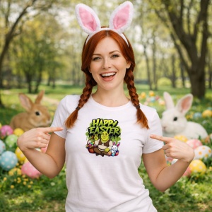 Tricou Paste Shrek Happy Easter Cos Iepuras Oua Colorate, din bumbac 100%, tricou alb, Copii | Dama | Barbat - Img 9