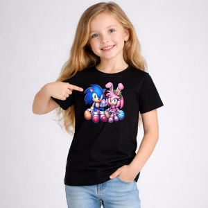 Tricou Paste Sonic Amy Iepurasi Paste Oua Colorate, din bumbac 100%, tricou negru, Copii | Dama | Barbat - Img 1