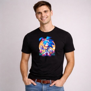 Tricou Paste Sonic Iepuras Paste Oua Colorate, din bumbac 100%, tricou negru, Copii | Dama | Barbat - Img 2