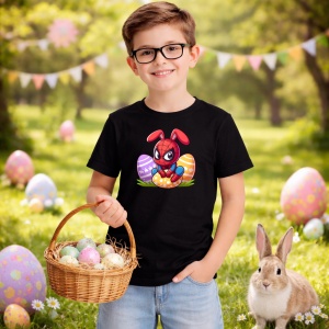 Tricou Paste Spiderman Iepuras Paste Oua Colorate, din bumbac 100%, tricou negru, Copii | Dama | Barbat - Img 5