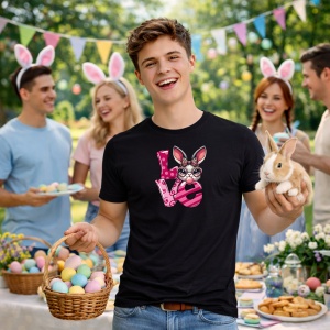 Tricou Paste Text Love Roz Cu Iepuras Cute Easter, din bumbac 100%, tricou negru, Copii | Dama | Barbat - Img 7