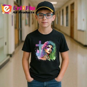 Tricou Pastel cross girl intense look, fata cu cruce pastel si privire intensa, Copii | Dama | Barbat , tricou negru - Img 6