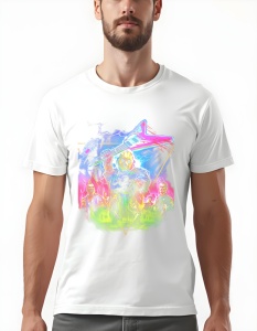 Bărbat purtând un tricou alb inspirat de horror aduce împreună celebre personaje din filmele de groază cu un stil vibrant și artistic. Cu un design care evidențiază un personaj iconic cu o chitară electrică, acest tricou captează esența combinației dintre