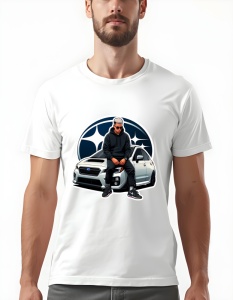Bărbat purtând un tricou alb cu un design grafic reprezentând un tânăr așezat pe capota unei mașini Subaru albă, purtând ochelari de soare și o ținută casual, cu logo-ul Subaru afișat pe fundal.