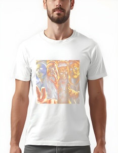 Tricou alb cu un design horror ce prezintă mai multe portrete ale lui Michael Myers din diferite filme Halloween, fiecare având o expresie înfricoșătoare și detalii întunecate.