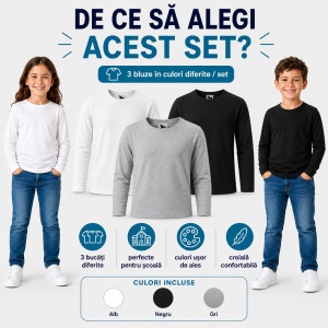 Tricou pentru copii cu maneca lunga 121 - Gri, Alb, Negru - Img 6