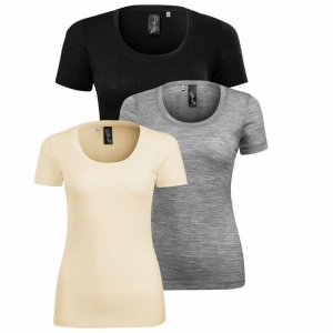 Imagine de prezentare tricou pentru dama lana merino si culorile disponibile negru, gri, migdala