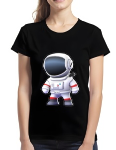 Tricou negru cu un design colorat care înfățișează un personaj stilizat din Stumble Guys sub forma unui astronaut, purtând un costum spațial alb cu detalii roșii și un vizor închis la culoare.
