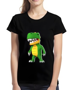 Tricou negru cu un design colorat care înfățișează un personaj stilizat din Stumble Guys sub forma unui dinozaur verde, cu dinți ascuțiți și o burtă galbenă.