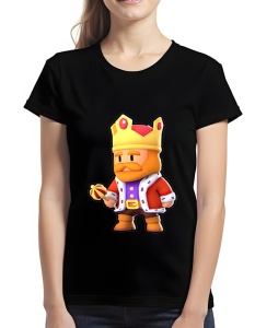 Tricou negru cu un design colorat care înfățișează un personaj stilizat din Stumble Guys îmbrăcat ca un rege, purtând o coroană aurie, mantie roșie cu margini albe și blană, și ținând un sceptru în mână.
