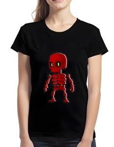 Tricou negru cu un design colorat care înfățișează un personaj stilizat din Stumble Guys sub forma unui schelet roșu cu ochi verzi strălucitori.