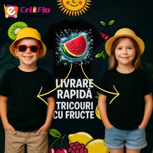 Tricou Pepene rosu si stropi de vara, Fructe, Copii | Dama, culoare negru - Img 6