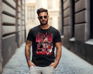 Bărbat purtând un tricou negru cu un design dedicat lui Zlatan Ibrahimović, incluzând imagini ale fotbalistului și textul 'Zlatan Ibra', pozând pe o stradă urbană.