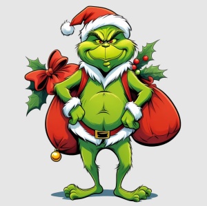Personajul Grinch imbracat in Mos Craciun cu doi saci de cadouri in spate