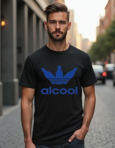 Bărbat purtând un tricou negru cu un design grafic care înfățișează un logo stilizat ce amintește de o marcă de băuturi, cu trei sticle de alcool formând o coroană deasupra cuvântului 'alcool'.