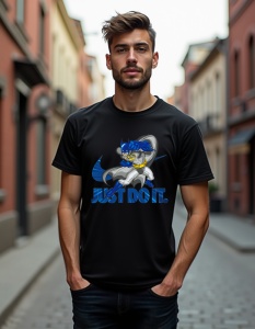 Un bărbat care poartă un tricou negru cu un design al unui supererou asemănător cu Batman, însoțit de textul 'JUST DO IT.' pe fond albastru.