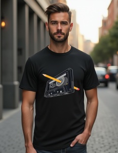 Bărbat purtând un tricou negru cu un design grafic de casetă audio retro în care este introdus un creion galben, simbolizând metoda clasică de rebobinare a casetelor.