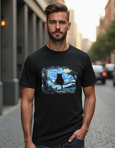 Tricou personalizat pentru barbati din bumbac 100% - Cat Starry Night