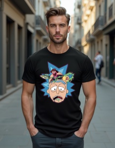 Un bărbat care poartă un tricou negru cu un design animat din serialul 'Rick and Morty', reprezentând fața lui Rick, cu o explozie de energie în jurul capului și diverse elemente din universul seriei, cum ar fi o navetă spațială și o creatură ciudată.