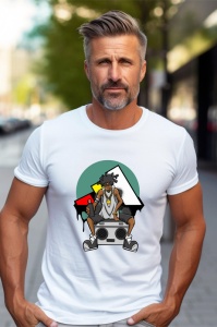 Tânăr purtând un tricou alb cu un design grafic ce înfățișează un personaj de desene animate cu păr afro și ochelari, așezat pe un casetofon portabil, cu un fundal în culori geometrice roșu, galben, verde și negru.