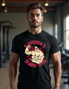 Bărbat care poartă un tricou negru cu un design inspirat de E. Honda din Street Fighter, cu textul 'E Honda's Sumo Gym', într-o sală de gimnastică.