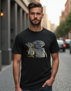 Un bărbat purtând un tricou negru cu un design artistic ce îl înfățișează pe Albert Einstein în stil statuar, ridicând o mână pe care sunt inscripționate formule științifice, inclusiv E=mc², într-un stil modern și creativ.