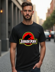 Un bărbat purtând un tricou negru cu un design parodic inspirat de logo-ul Jurassic Park, dar cu textul 'Jurassic Pork' și o siluetă de porc în locul dinozaurului.
