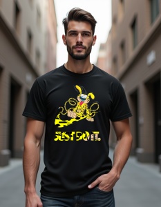 Un bărbat care poartă un tricou negru cu un design ce prezintă un câine galben cu pete negre, care se joacă cu un șarpe, alături de mesajul 'JUST DO IT.'