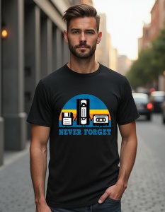 Un bărbat purtând un tricou negru cu un design retro ce prezintă un floppy disk, o casetă VHS și o casetă audio, alături de textul 'Never Forget'.