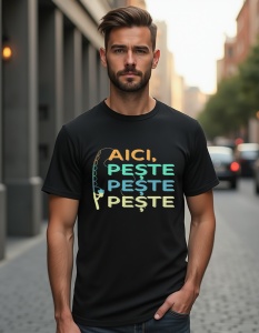 Bărbat purtând un tricou negru cu mesajul imprimat 'AICI, PEȘTE PEȘTE PEȘTE,' în culori gradient, alături de o grafică ce înfățișează o undiță.