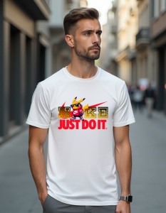 Bărbat purtând un tricou alb cu un design personalizat Nike. Logo-ul „NIKE” și sloganul „JUST DO IT” sunt evidențiate în culori roșii și portocalii, iar între literele „N” și „I” apare un personaj simpatic, Pikachu, aducând o notă jucăușă și vibrantă desi