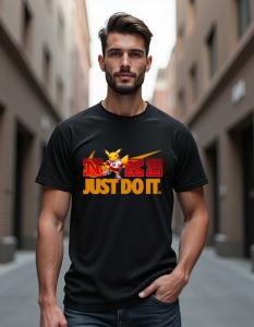 Bărbat purtând un tricou negru cu un design inspirat de brandul Nike și personajul Pikachu. Designul include textul "NIKE" cu un fulger stilizat în spate, în timp ce Pikachu apare integrat în literă. Sub logo este sloganul clasic al brandului: "JUST DO IT