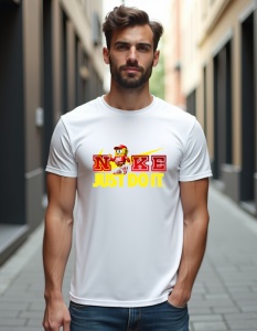 Bărbat purtând un tricou alb cu un design Nike personalizat. Logo-ul „NIKE” este stilizat cu litere roșii și o tentă galbenă, în timp ce sloganul „JUST DO IT” este scris cu galben. În interiorul logo-ului se află un personaj asemănător lui SpongeBob, purt