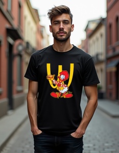 Bărbat purtând un tricou negru cu un desen al unui personaj inspirat de Ronald McDonald, dar sub forma unui gâscan, ținând un hamburger, și cu logo-ul galben în formă de 'M' în fundal.