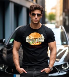 Un bărbat purtând un tricou negru cu un design de burger suprapus pe o bancnotă și textul 'Feed Your Hunger', pozând în fața unei mașini sport negre pe o stradă urbană.