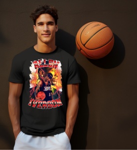 Tânăr purtând un tricou negru personalizat cu un design vibrant dedicat lui Allen Iverson, alături de o minge de baschet sprijinită pe un perete.