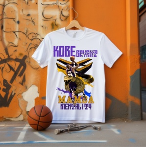 Tricou alb personalizat cu un design dedicat lui Kobe Bryant, incluzând mesajul 'Mamba Mentality' și o grafică vibrantă cu șarpe și elemente de baschet, agățat pe un fundal portocaliu cu graffiti, alături de o minge de baschet și câteva accesorii pe podea