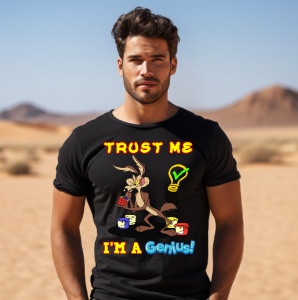 Bărbat purtând un tricou negru cu textul 'Trust Me I'm a Genius!' și un personaj animat desenat, pozând într-un decor deșertic cu dune în fundal.