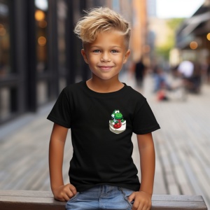 Tricou personalizat pentru copii din bumbac 100% cu imprimeu de buzunar - Yoshi, dinozaurul verde - Tricou pentru fanii Mario - Img 3