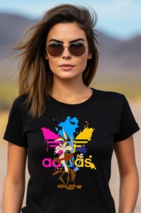 Femeie purtând ochelari de soare și un tricou negru cu un design vibrant ce înfățișează personajele animat Road Runner și Wile E. Coyote, alături de un logo Adidas stilizat în culori strălucitoare.