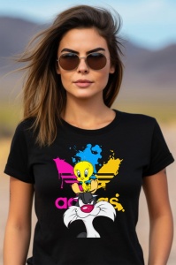 Femeie purtând un tricou negru cu un design colorat ce îl înfățișează pe Tweety stând pe capul lui Sylvester, cu elemente artistice de culoare albastră, roz și galben, și logo-ul adidas stilizat.