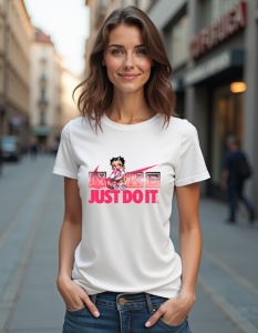 Tricou alb purtat de o femeie, decorat cu un design pe piept ce include logo-ul 'Nike' în nuanțe de roz și roșu, împreună cu sloganul 'Just Do It' într-un roz intens. Designul este acompaniat de un personaj stilizat, plasat lângă swoosh-ul distinctiv al b