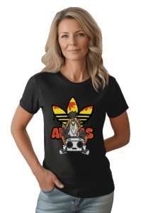 Femeie purtând un tricou negru cu un design de personaj animat așezat pe un boombox în fața unui logo stilizat Adidas, cu elemente grafice vibrante