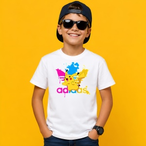Tricou Pikachu Pokemon Vopsea Improscata Logo Roz Urban Street Art, din bumbac 100% Copii | Dama | Barbat - Img 2