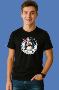 Tricou Pinguin Cu Fundal Alb Si Privire Vesela Craciun, din bumbac 100% Copii | Dama | Barbat