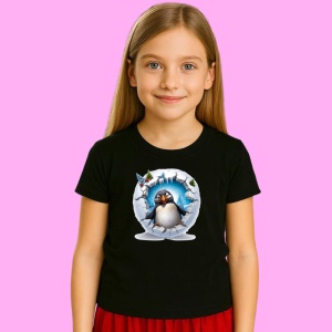 Tricou Pinguin Cu Fundal Gri Si Privire Vesela Craciun, din bumbac 100% Copii | Dama | Barbat
