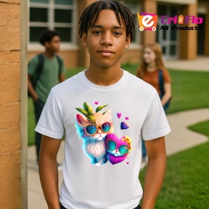 Tricou Pisica alba cu flori galbene si fundal curat Copii | Dama | Barbat - Img 4