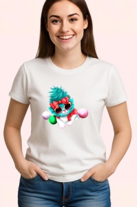 Tricou Pisica alba cu fundal albastru si fundita rosie Copii | Dama | Barbat - Img 3