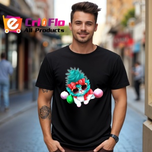 Tricou Pisica alba cu fundal albastru si fundita rosie Copii | Dama | Barbat, culoare negru - Img 6