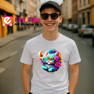 Tricou Pisica alba pe luna cu flori albastre fundal deschis Copii | Dama | Barbat - Img 6